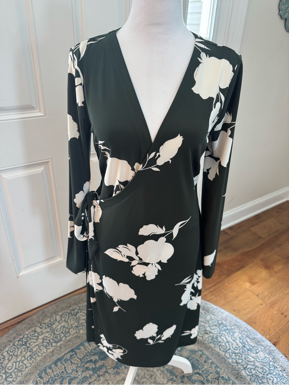 Ann Taylor Olive Wrap Midi Dress with Cream Floral Print